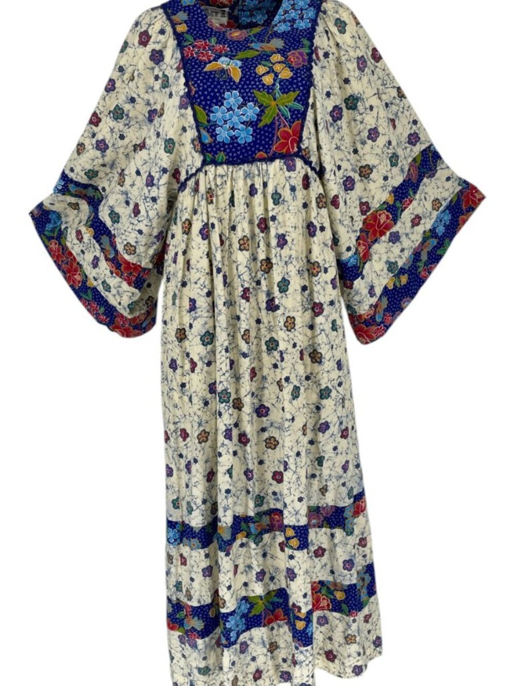 Vintage ACT I New York Hippie Angel Sleeve Maxi Dress Batik Floral Boho 70s